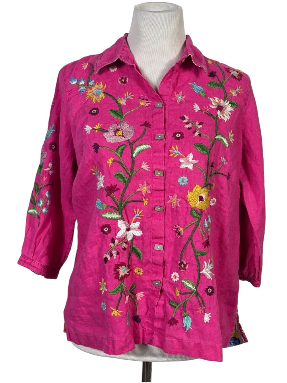 John Mark Linen Embroidered Floral Button Up Shirt Top Boho Art To Wear Petite M